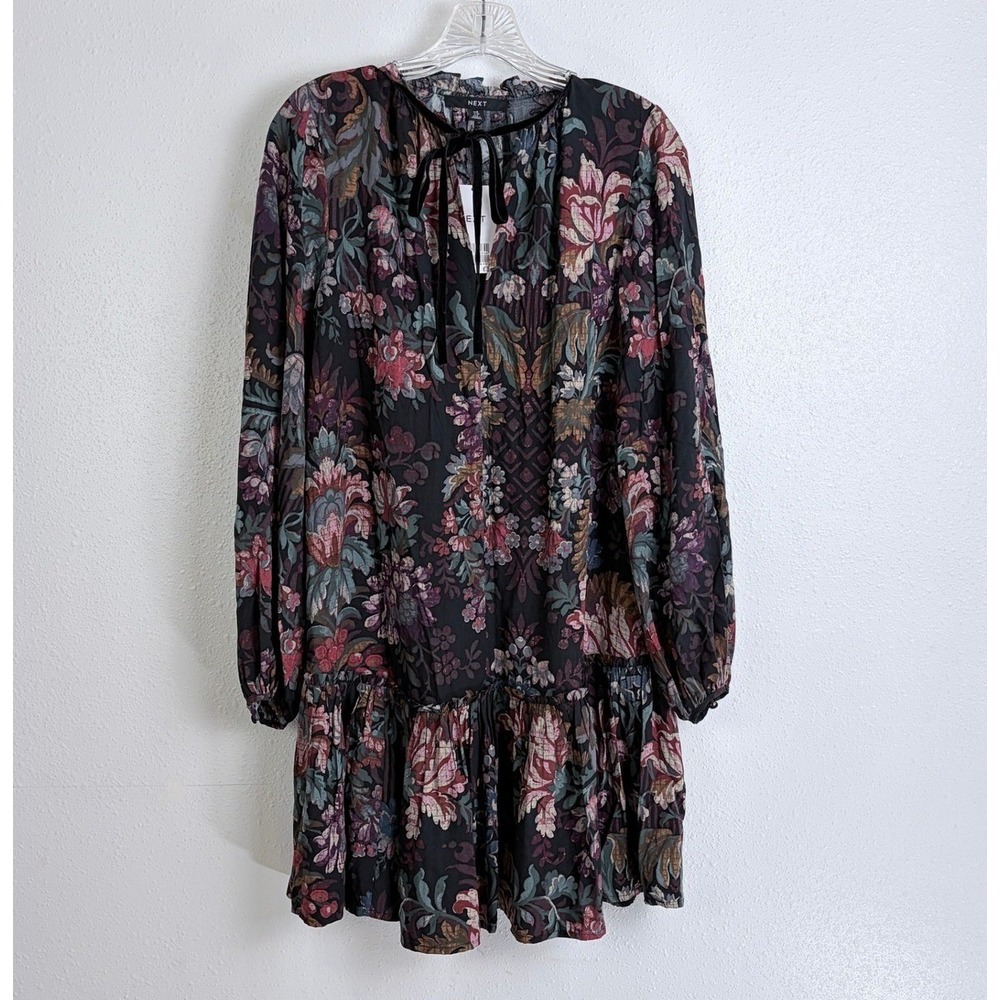 NWT Next Black Floral Velvet Tie Tiered Ruffle Womens Mini Dress US 4 UK 8